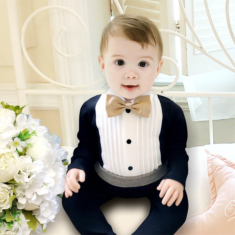 British royal bow tie little gentleman black long-sleeved shirt-style fake two-piece baby baby bag fart clothes - ชุดทั้งตัว - ผ้าฝ้าย/ผ้าลินิน 