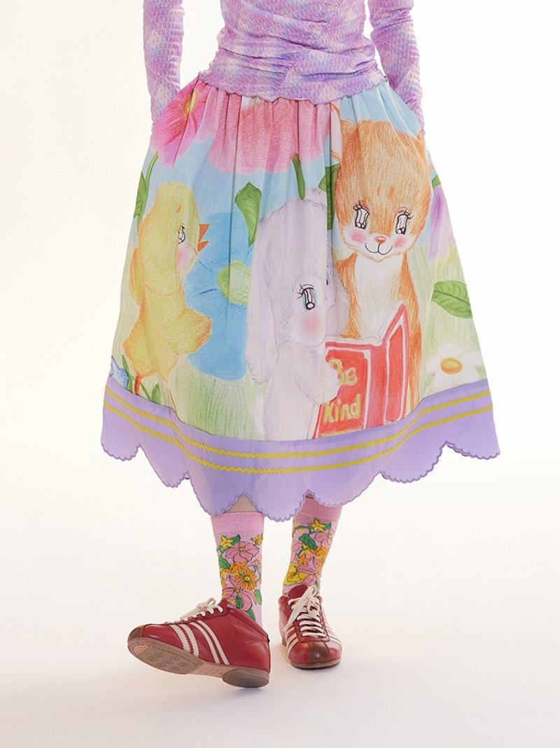 アウトレット品 セットアイテム Masha Psilocybeコラボ - カラフルな刺繍入りアニマルプリントパープルレーススカート・トップス　Lサイズ - 裙子/長裙 - 聚酯纖維 粉紅色