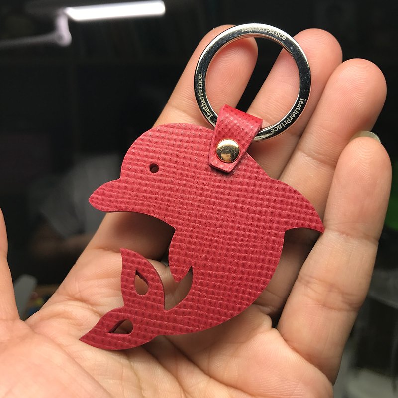 {Leatherprince handmade leather} Taiwan MIT red cute dolphin silhouette version leather key ring / Dolphin Silhouette leather keychain in red (Small size / - ที่ห้อยกุญแจ - หนังแท้ สีแดง