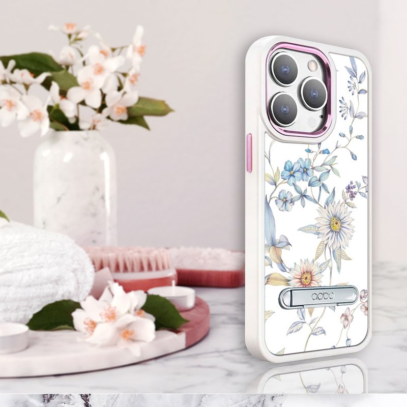 iPhone 14 Full Series Military Specification Drop-resistant Aluminum Alloy Lens Frame Stand Mobile Phone Case-Flower Language-Mu Chunju - Phone Cases - Other Materials Multicolor