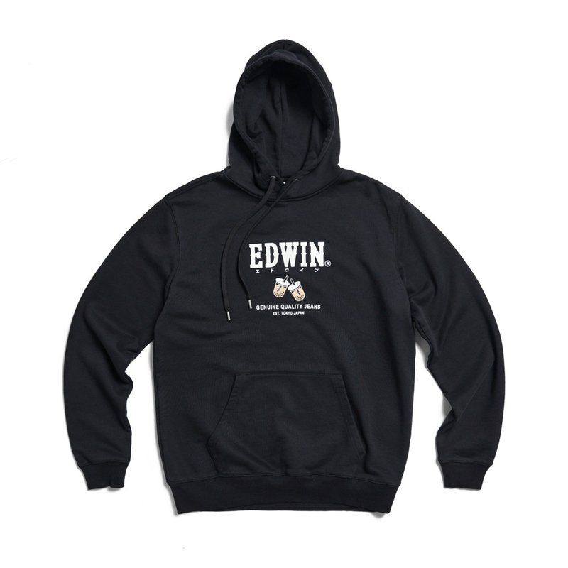 EDWIN Tokyo Casual Series Pearl Milk Tea Hooded Long Sleeve T-Shirt - Men's and Women's (Black) - เสื้อฮู้ด - ผ้าฝ้าย/ผ้าลินิน สีดำ