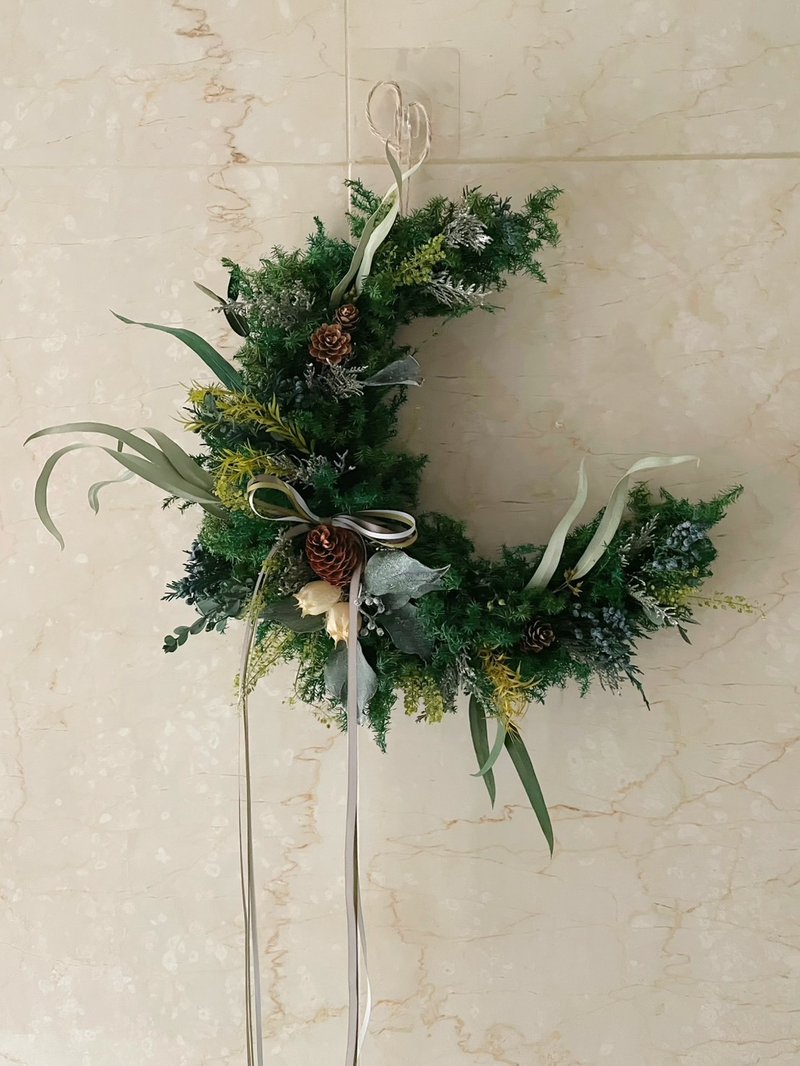 【永生聖誕圈】2025植草系月牙型聖誕圈 - 乾燥花/永生花 - 植物．花 綠色