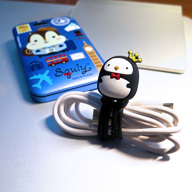 Squly & Friends .Design .Penguins . Magic Cable . Multi-use life scroll. - Cable Organizers - Silicone Black