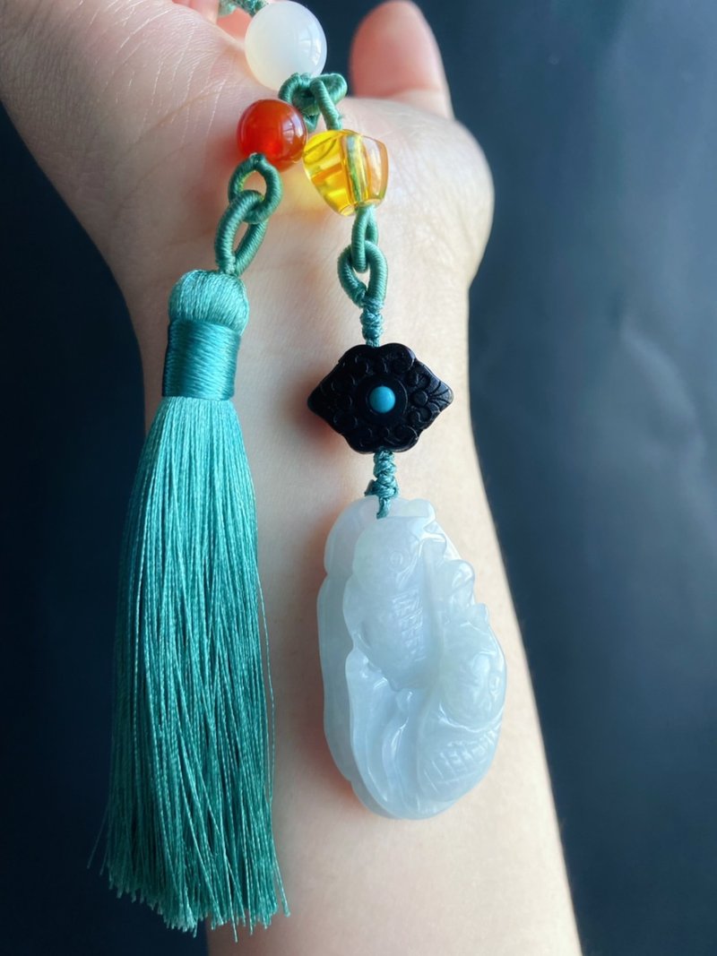 [Sold] Burmese Jade A Jadeite Fine Blue Background Lotus Leaf Fish Jadeite Gift Natural Stone Bag Hanging - Necklaces - Jade Blue