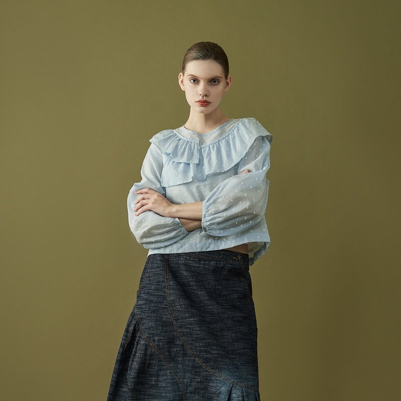 Sporadic lotus collar jacquard throw-sleeve top - Women's Tops - Cotton & Hemp Blue