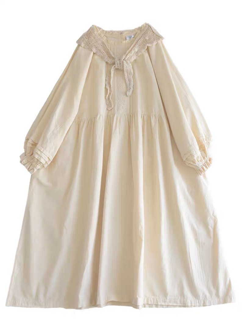 Morori Umi Agaric-trimmed forest-style cream white dress (pre-order) - ชุดเดรส - ผ้าฝ้าย/ผ้าลินิน ขาว