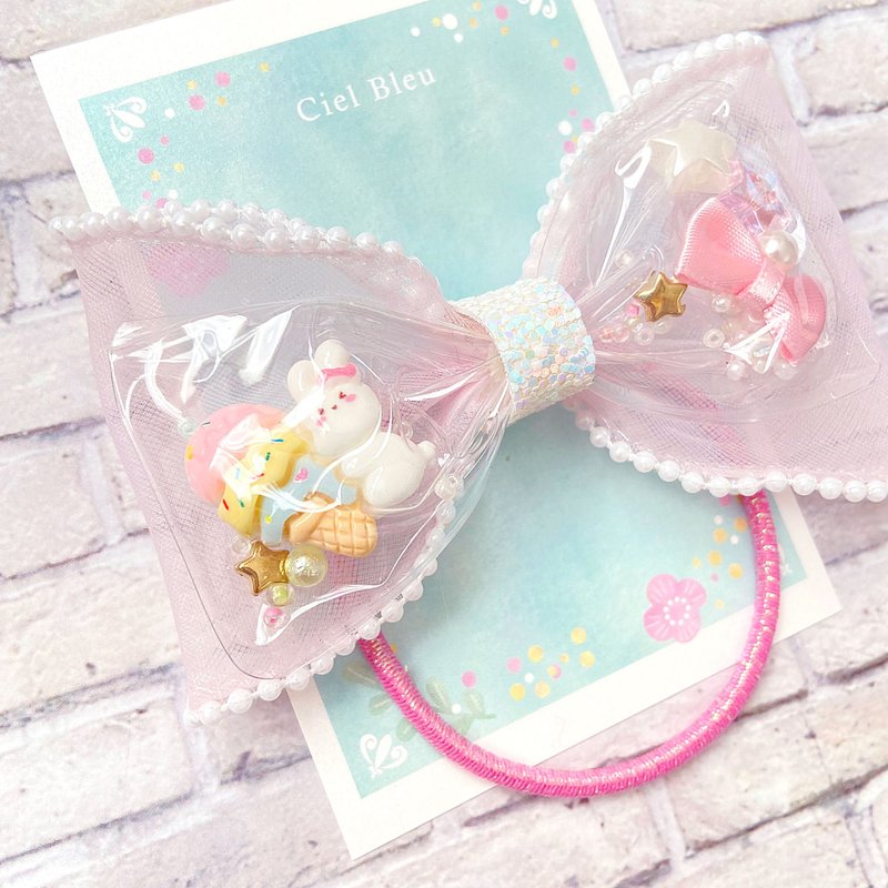 Clear tulle ribbon rabbit triple ice cream hair tie - Hair Accessories - Other Materials Pink