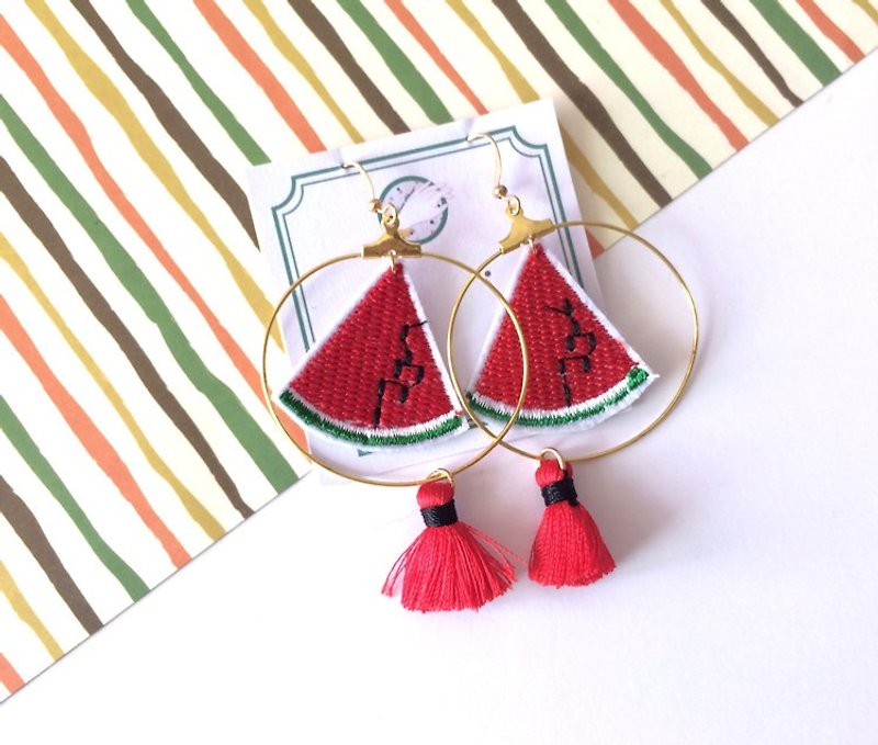magicands embroidery summer watermelon tassel cute personality exaggerated ear ear clip - ต่างหู - งานปัก สีแดง