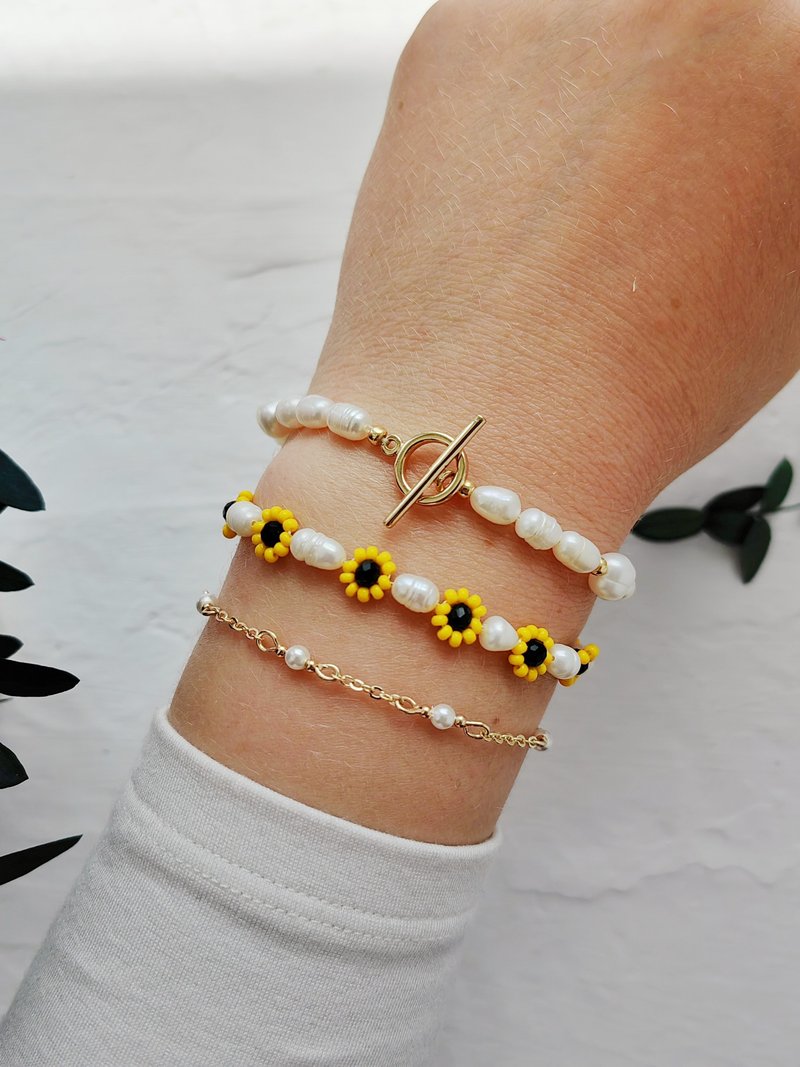 Sunflower Beaded Bracelet. Seed beads,flower beads.Sunlit Sunflower. Bright Gift - 手鍊/手環 - 24k 金 黃色