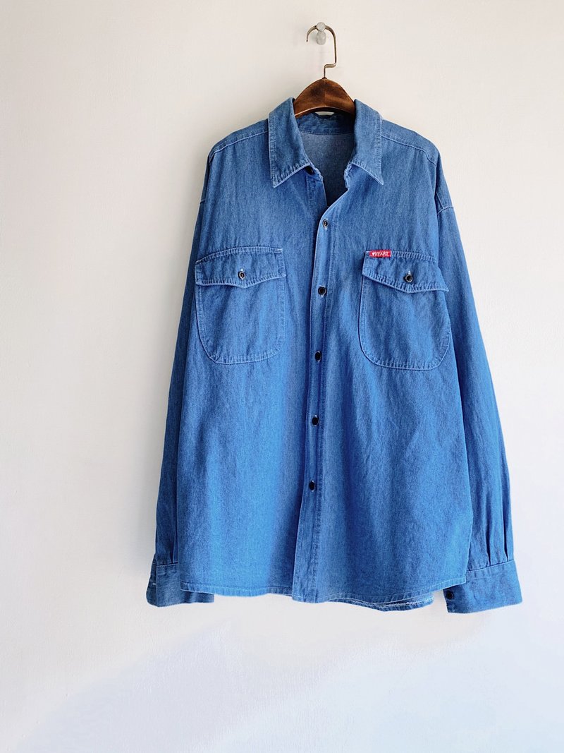 Sunny sky sea blue plain face love day vintage lapel cotton denim shirt vintage Shirt - Women's Shirts - Cotton & Hemp Blue