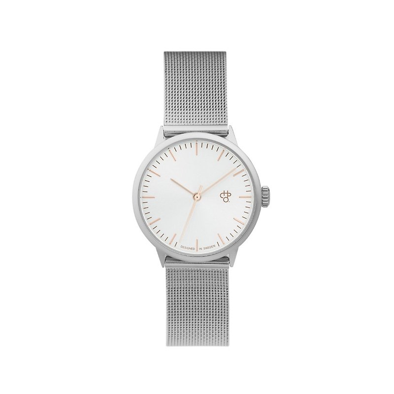 Nando Mini系列 銀白錶盤(玫瑰金指針) - 銀米蘭帶可調式 手錶 - 女錶 - 不鏽鋼 銀色