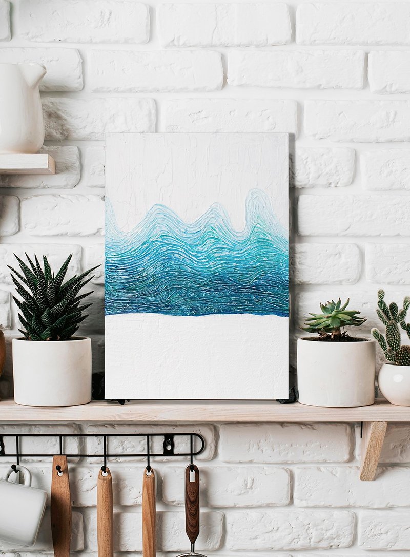 Small original painting from the author, abstract blue wave on a white - 壁貼/牆壁裝飾 - 壓克力 藍色