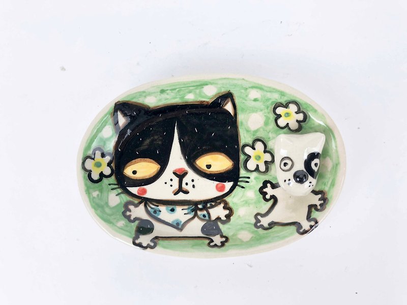 Nice Little Clay 手工肥皂盤 貓與狗 0701-01 - 浴室用品/收納 - 陶 綠色