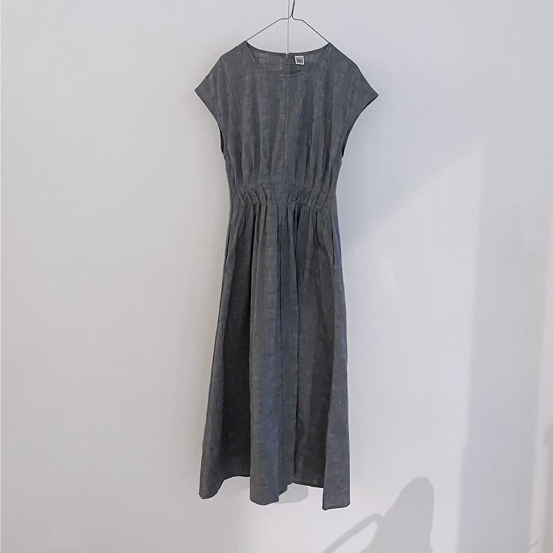 French pleated dress - gray blue - ชุดเดรส - ผ้าฝ้าย/ผ้าลินิน สีน้ำเงิน