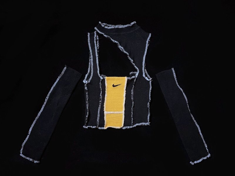 REGETHER 古著改製Y2K螺紋針織上衣-NIKE挖洞式背心+袖套-06 - 女毛衣/針織衫 - 棉．麻 黑色