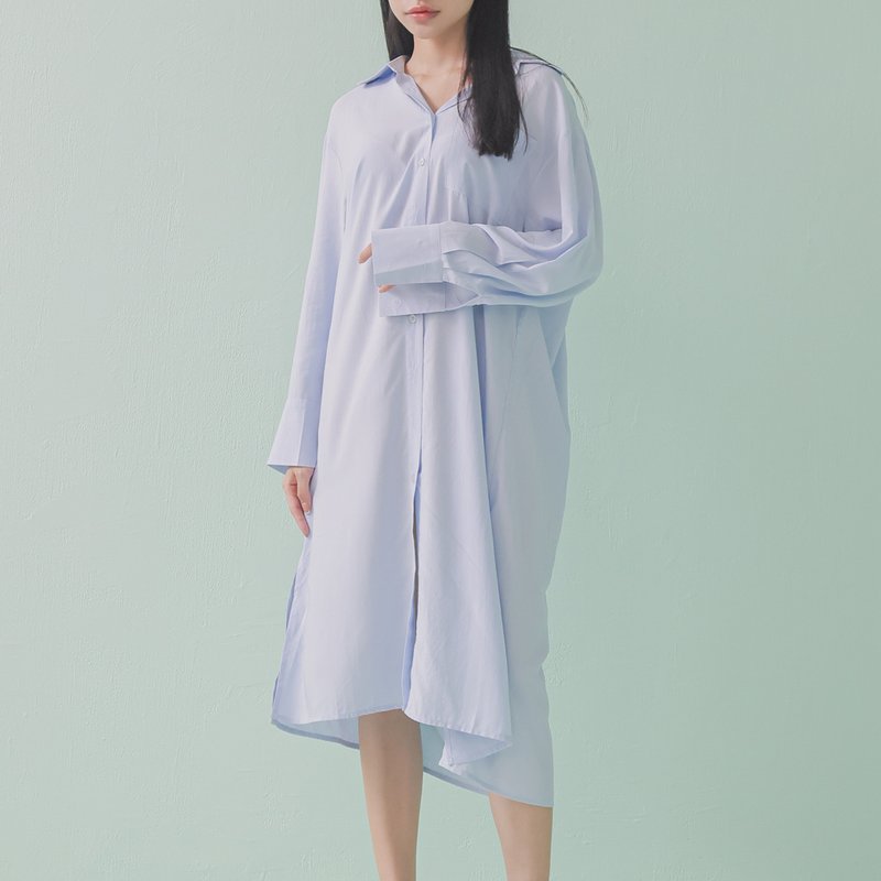 Flowy Long Summer Shirt - Blue - Women's Tops - Cotton & Hemp Blue
