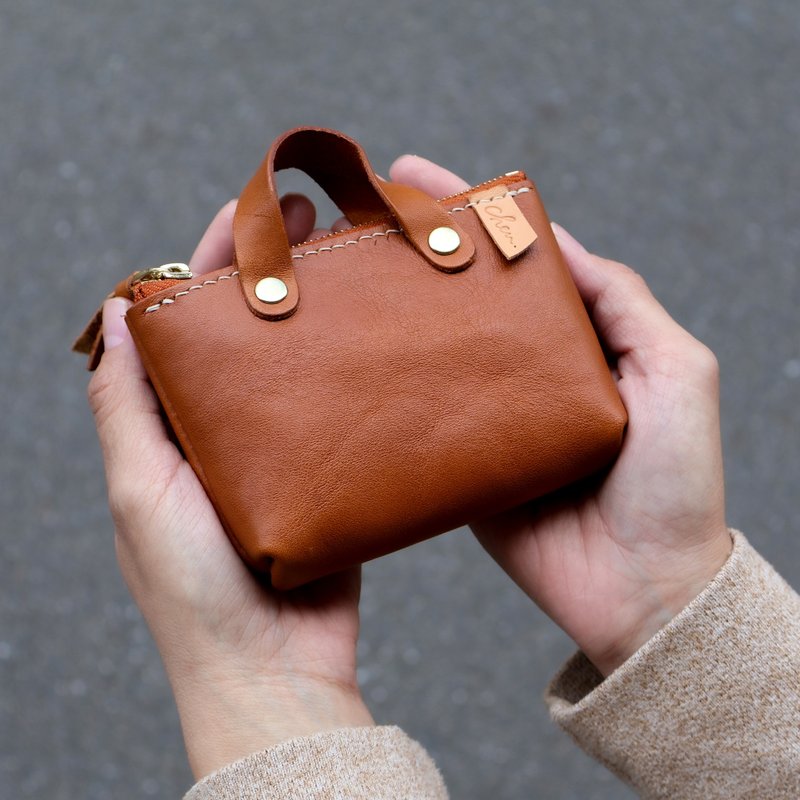 【QueeniQue】迷你袋鑰匙包/真皮全手縫/植鞣系列 - 零錢包/小錢包 - 真皮 多色