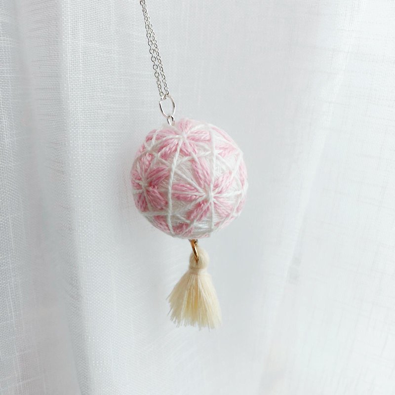 Japanese embroidery ball pink floral necklace - Necklaces - Thread Pink