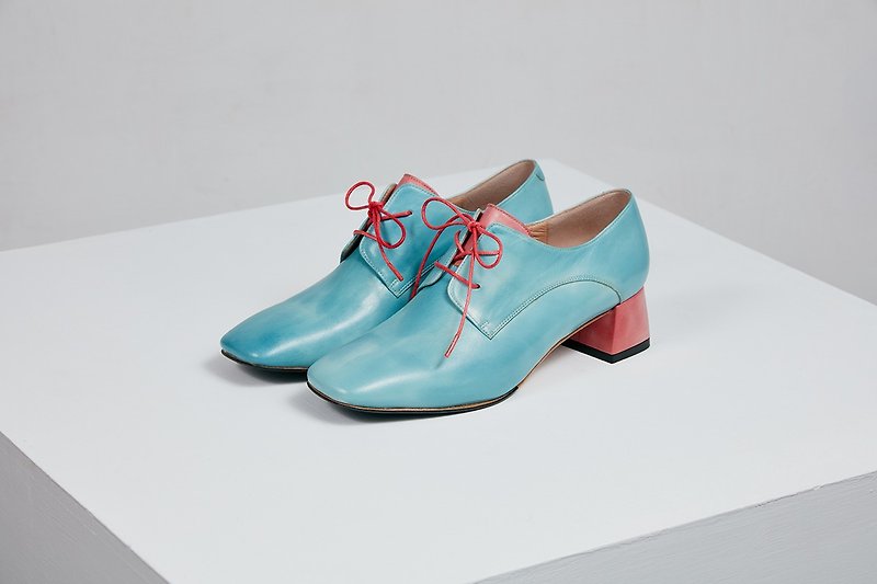 HTHREE 4.6方頭德比跟鞋/ 水藍 / Square Toe Derby Heels - 女款牛津鞋 - 真皮 藍色