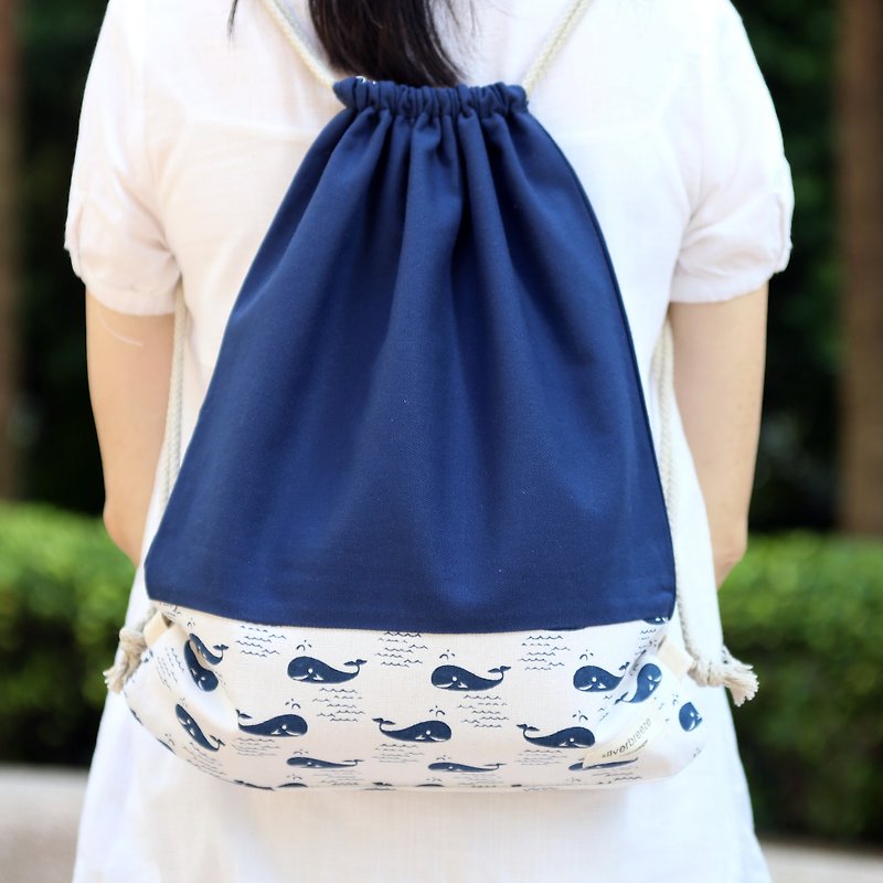 Drawstring Backpack / Drawstring Bag / Drawstring Pocket ~ Little Whale (B97) L1 - Drawstring Bags - Cotton & Hemp Blue