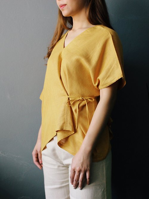 Studio Sunday Caren : Yellow Asymmetric V-neck Cotton Wrapped Top