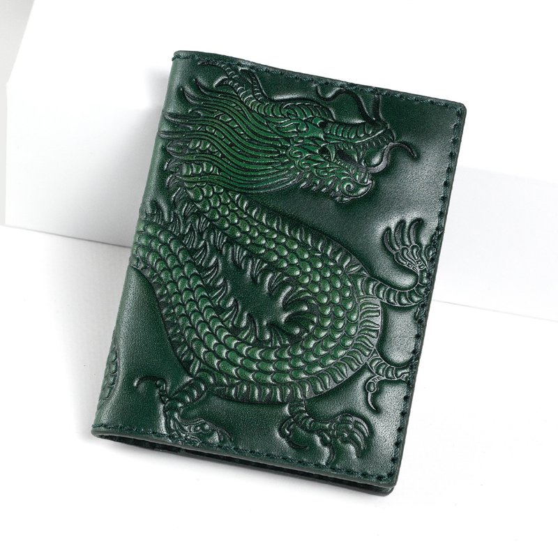 Leather Card Holder Dark Green Dragon, Card Wallet for Women for Men - Card Holders & Cases - Genuine Leather Green