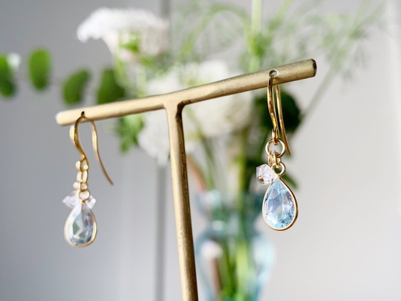 [Birthstones for April and November] Sky blue topaz and Herkimer diamond Clip-On that serve as guideposts of change - ต่างหู - เครื่องประดับพลอย สีน้ำเงิน