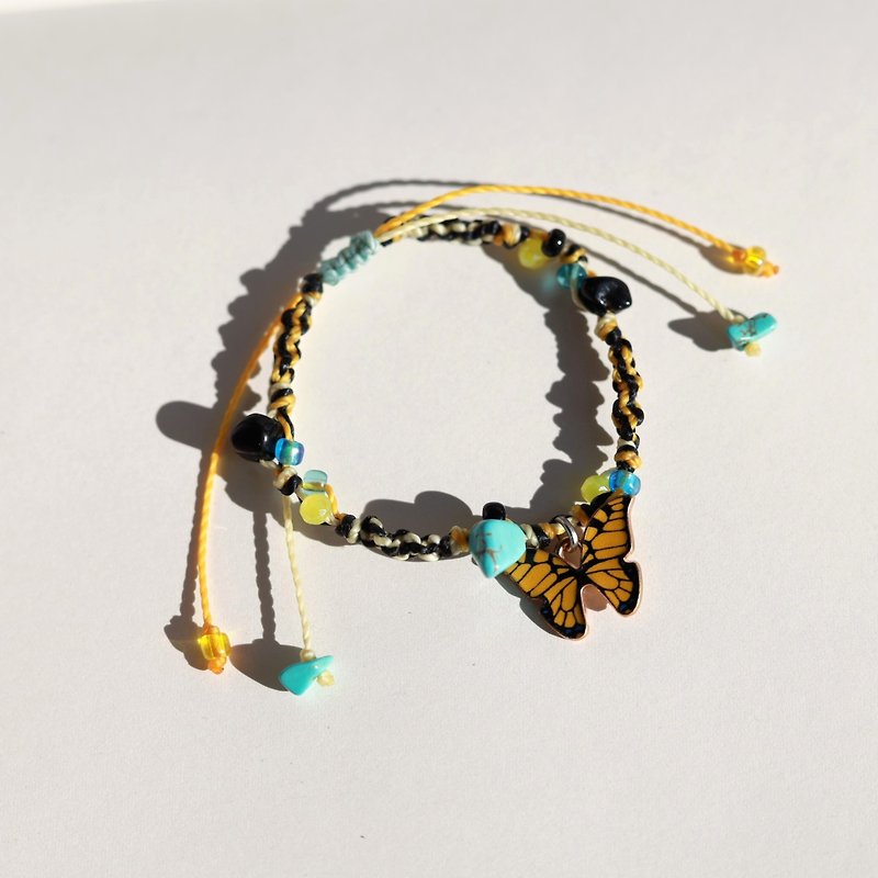 Yellow black butterfly turquoise natural stone woven waxed cord bracelet - Bracelets - Thread Yellow