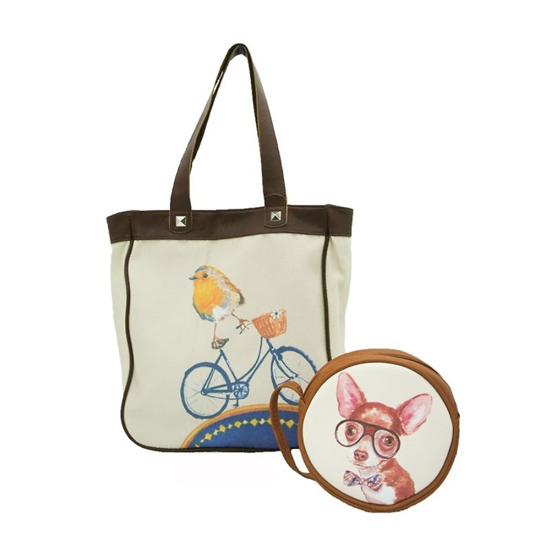 Sleepyville Critters - riding bicycle bird Fabric Tote Bag + Nerdy Chihuahua  Round Shoulder Crossbag - กระเป๋าแมสเซนเจอร์ - หนังแท้ สีกากี