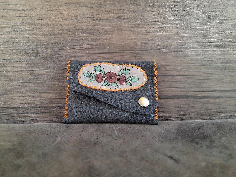 Mini Wallet, Floral Print Leather Purse, Handmade Leather Coin Purse - 零錢包/小錢包 - 真皮 灰色