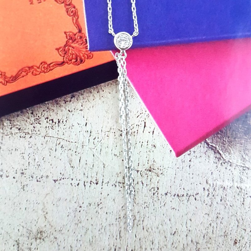 DoriAN Brilliant Classic Single Diamond Tassel 925 Sterling Silver Necklace with Sterling Silver Guarantee Card Gift Wrapping - สร้อยคอ - เงินแท้ สีเงิน