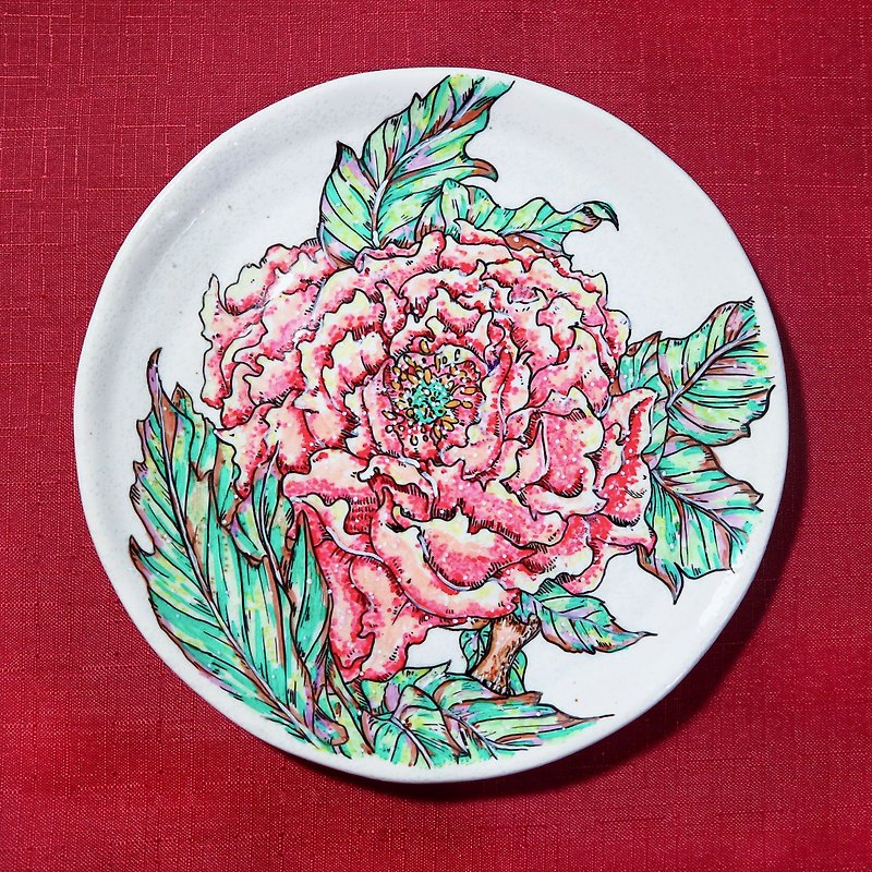 結婚喜慶/祝福滿滿特製款 – 手繪陶瓷盤 – 花開富貴 - 小碟/醬油碟 - 瓷 紅色