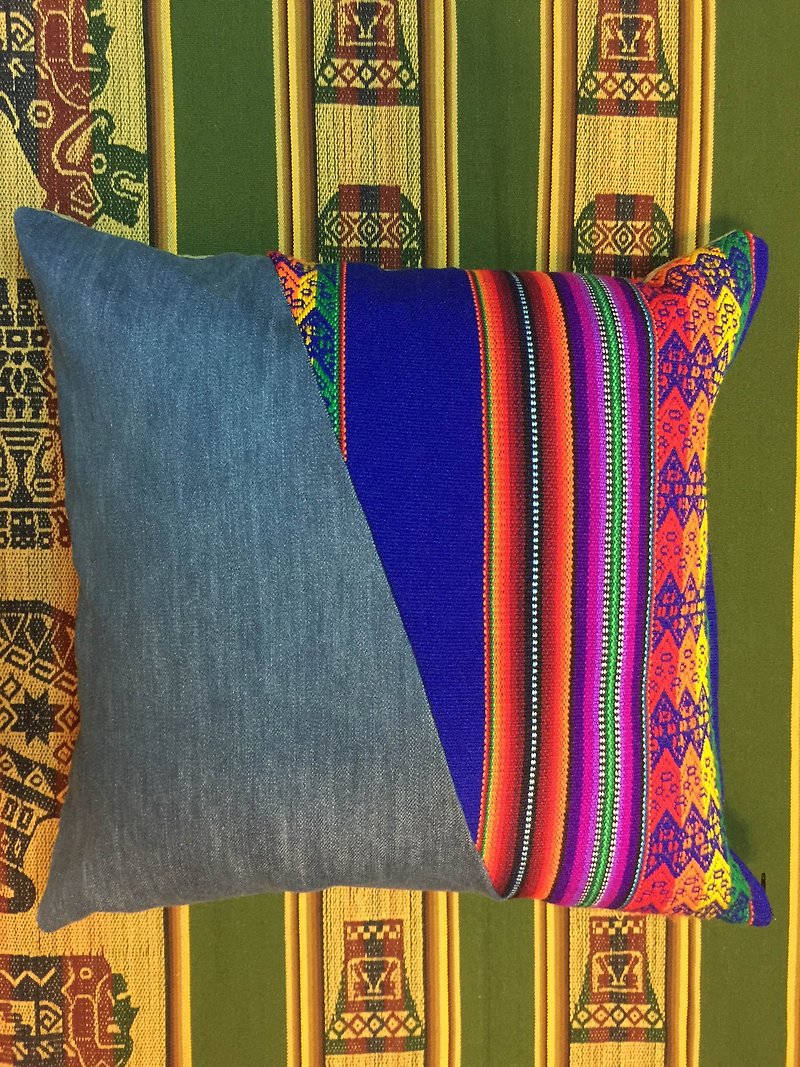 祕魯民族風拼接單寧個性抱枕-藍斜 - 枕頭/咕𠱸 - 其他材質 藍色