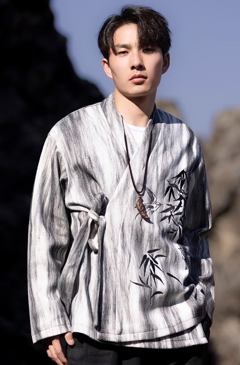 中式復古漢服 民族風開衫式外套 - 男夾克/外套 - 其他材質 白色