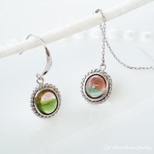 Secret Summer Jewellery 謎夏手工銀飾珠寶 限量僅一件 - 18+14K白金 + 雙色碧璽 不對稱特色耳環