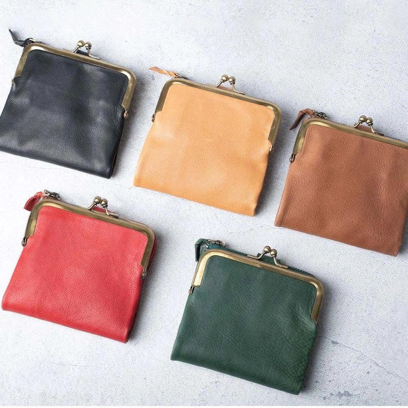 Bi- kiss lock bag wallet with clasp closure, soft tanned leather, coin compartment, cowhide, genuine leather, vegetable tanned, Japan, personalised engraving - กระเป๋าสตางค์ - หนังแท้ หลากหลายสี