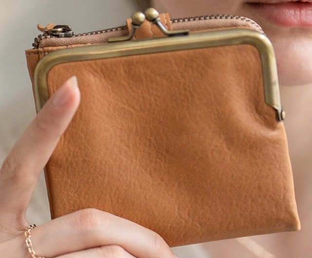 がま口 二つ折り財布 柔らかいヌメ革 コイン仕切り 牛革 本革