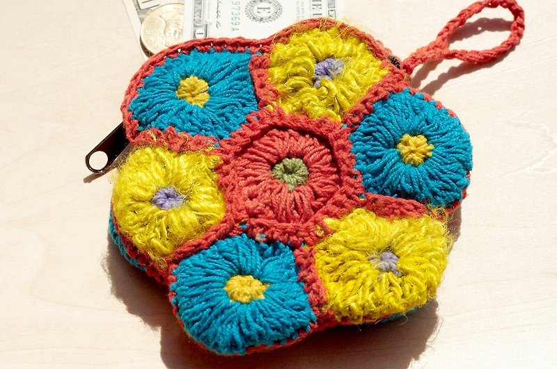Eastern European style handmade sari thread crochet coin purse / storage bag / cosmetic bag-Sunshine flower forest coin purse - Coin Purses - Cotton & Hemp Multicolor