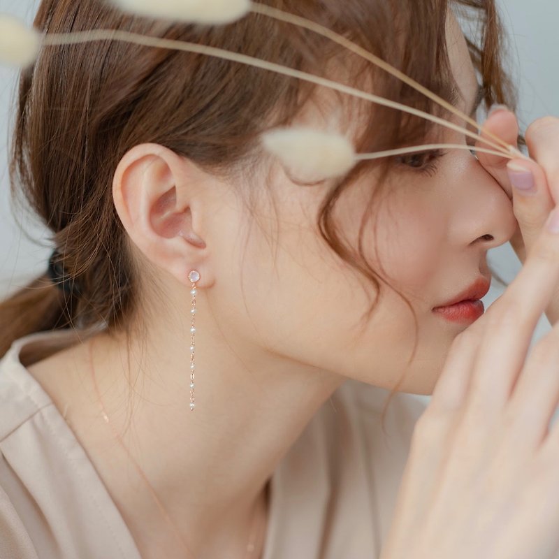 Moonstone Pearl Chain 925 Sterling Silver Earrings-Sterling Silver Rose Gold Plated - ต่างหู - เครื่องเพชรพลอย สีเงิน