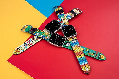 The Hood Pinkoi 旗艦店 迪士尼米奇老鼠十字壓紋牛皮革Apple Watch真皮錶帶Series 1-8,SE