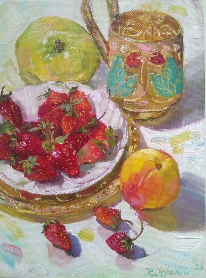 Berries Still Life, Fruit Original Oil Painting, フルーツの絵画 - ตกแต่งผนัง - วัสดุอื่นๆ หลากหลายสี