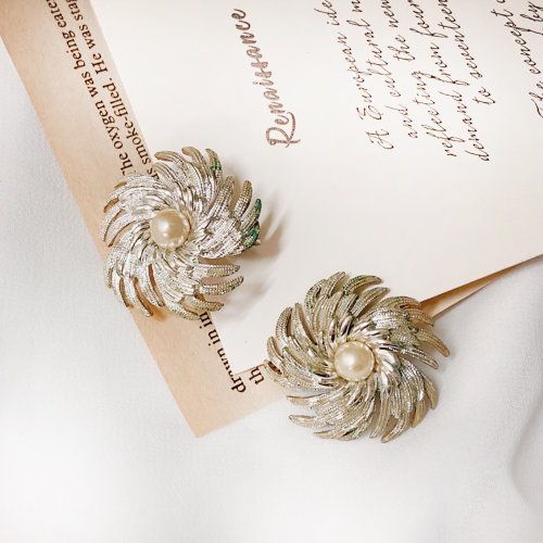 挪亞方舟古董飾品 Vintage Jewelry 【西洋古董飾品】1960 新藝術風 花藝果實自然派 珍珠銀耳環 耳夾