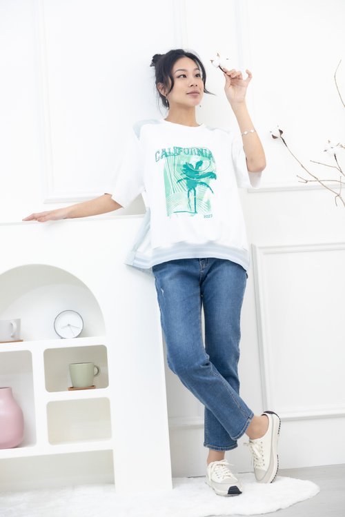 Meya 編縫編織 califurnia刺繡短袖上衣 白色