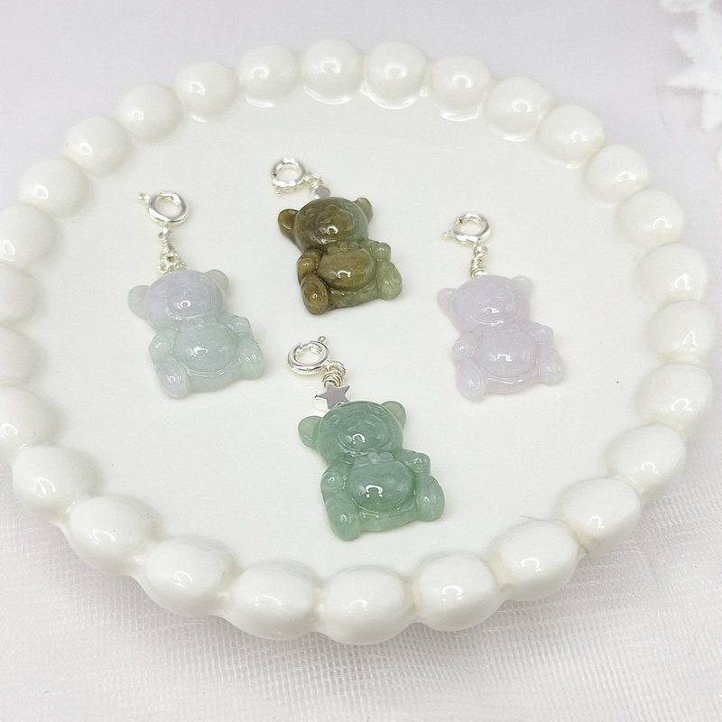 Warm green violet tea yellow hand-carved bear pendant | natural Burmese jade A grade jadeite - สร้อยคอ - หยก 