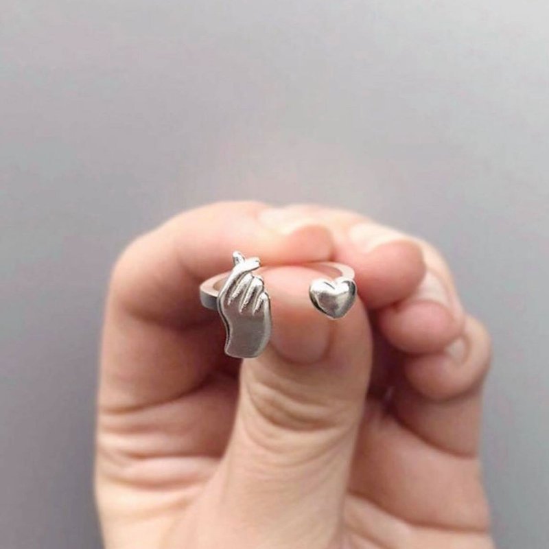 Sterling Silver Korean Finger Heart & Heart Shaped Ring, Heart Ring, Love Ring - 戒指 - 其他金屬 銀色