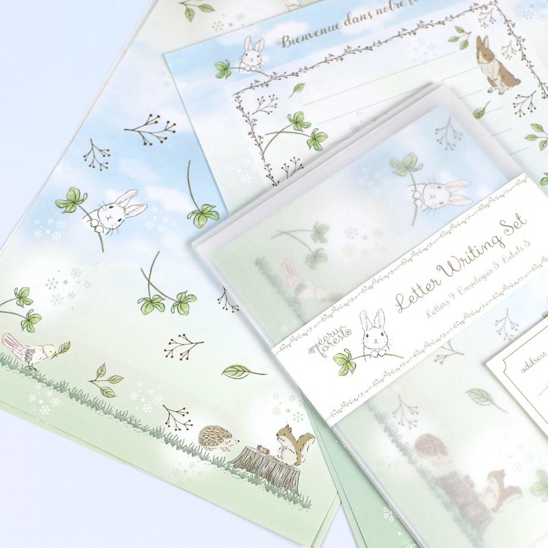 Letter set Ekuryu no Mori series For letters, stationery, envelopes, address stickers Rabbits, squirrels, hedgehogs, animals, four-leaf clovers, forest scenery, also for decorating your diary - ซองจดหมาย - กระดาษ สีเขียว