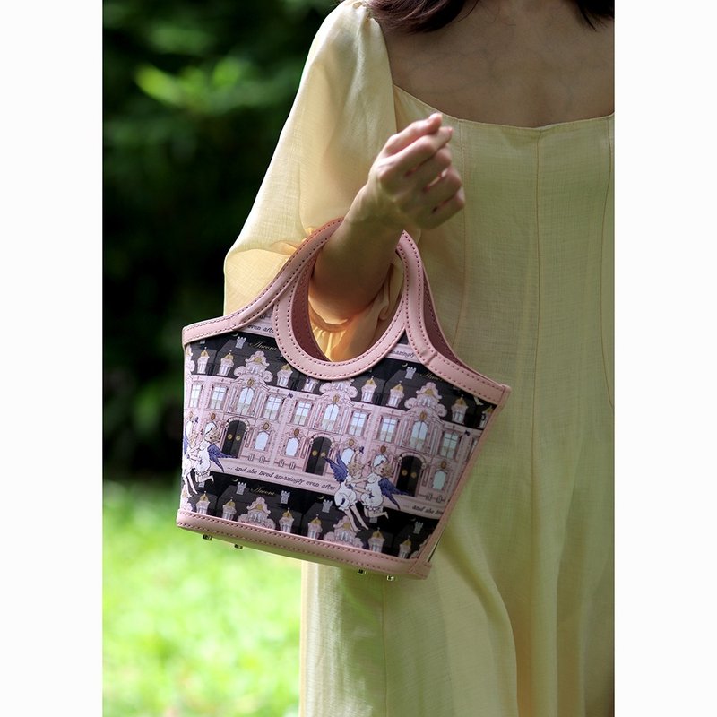 Handmade genuine leather patchwork handbag dual-purpose basket shoulder bag pink castle - กระเป๋าแมสเซนเจอร์ - หนังแท้ สึชมพู