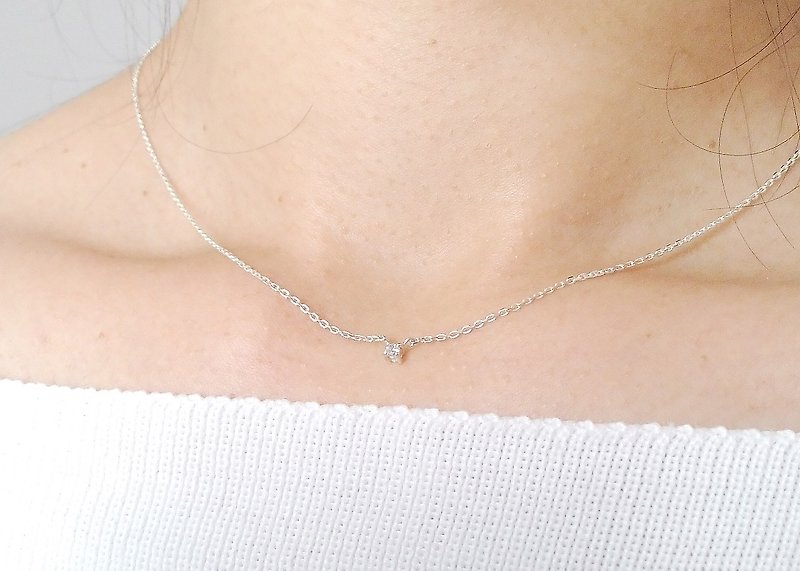 Sterling Silver Tiny CZ Diamond Necklace - Collar Necklaces - Sterling Silver 