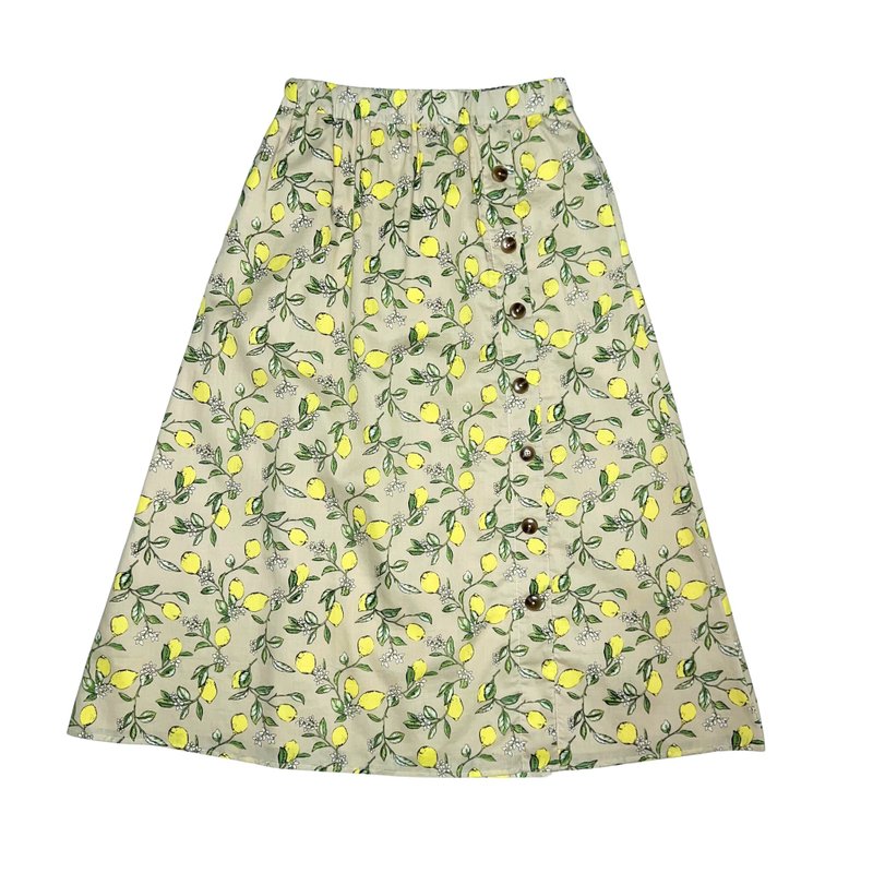 (Women's) Lemon Print Skirt - Khaki - กระโปรง - ผ้าฝ้าย/ผ้าลินิน สีเขียว