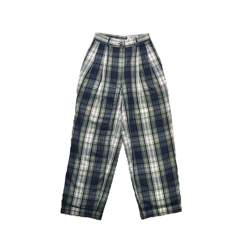 Vintage Japan Plaid Pants 古著日本格紋褲 - 女長褲 - 棉．麻 綠色